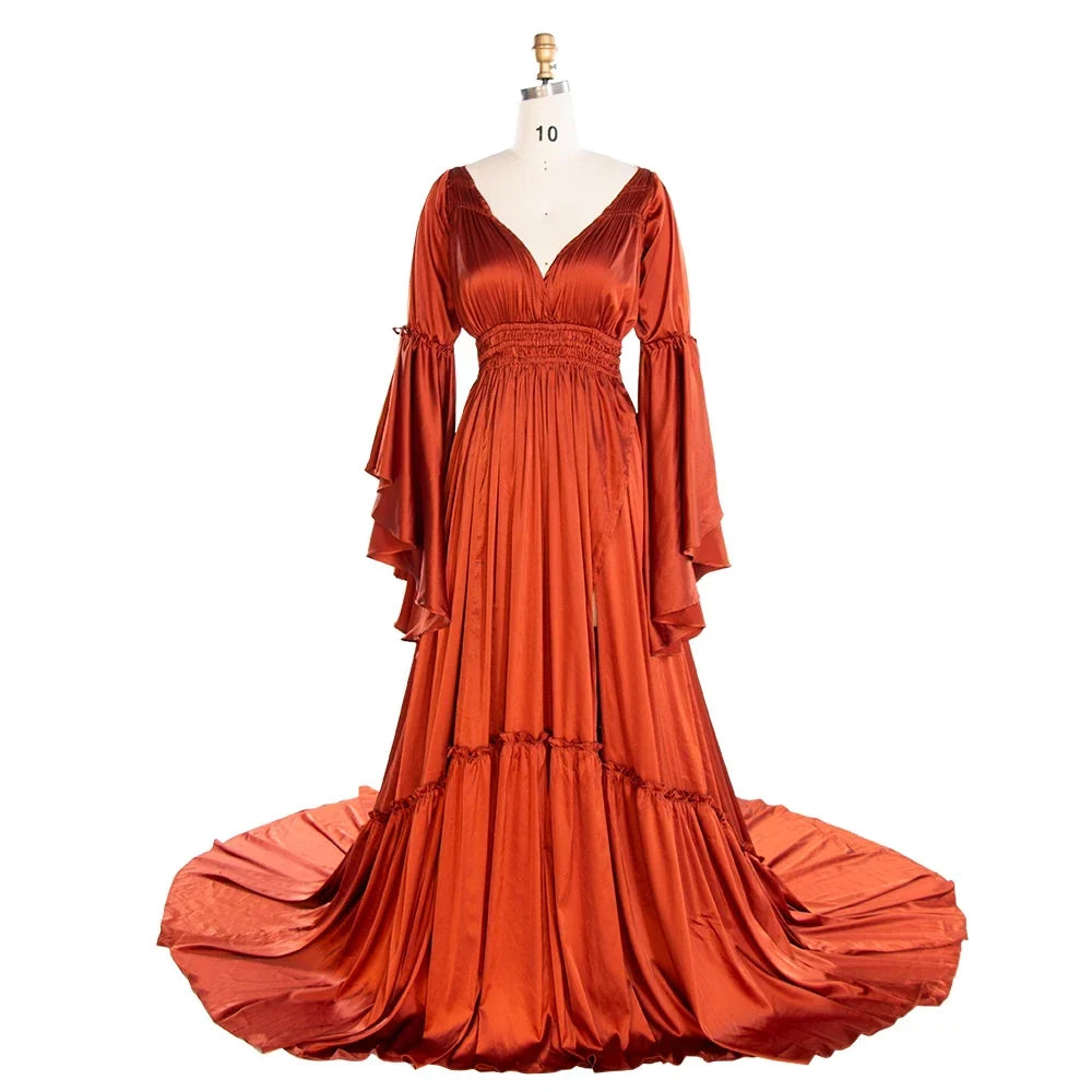 Silkly Satin Long Sleeeves Pregnancy Woman Baby Shower Maternity Dresses for Photoshoot SY240124 - VelvetHem