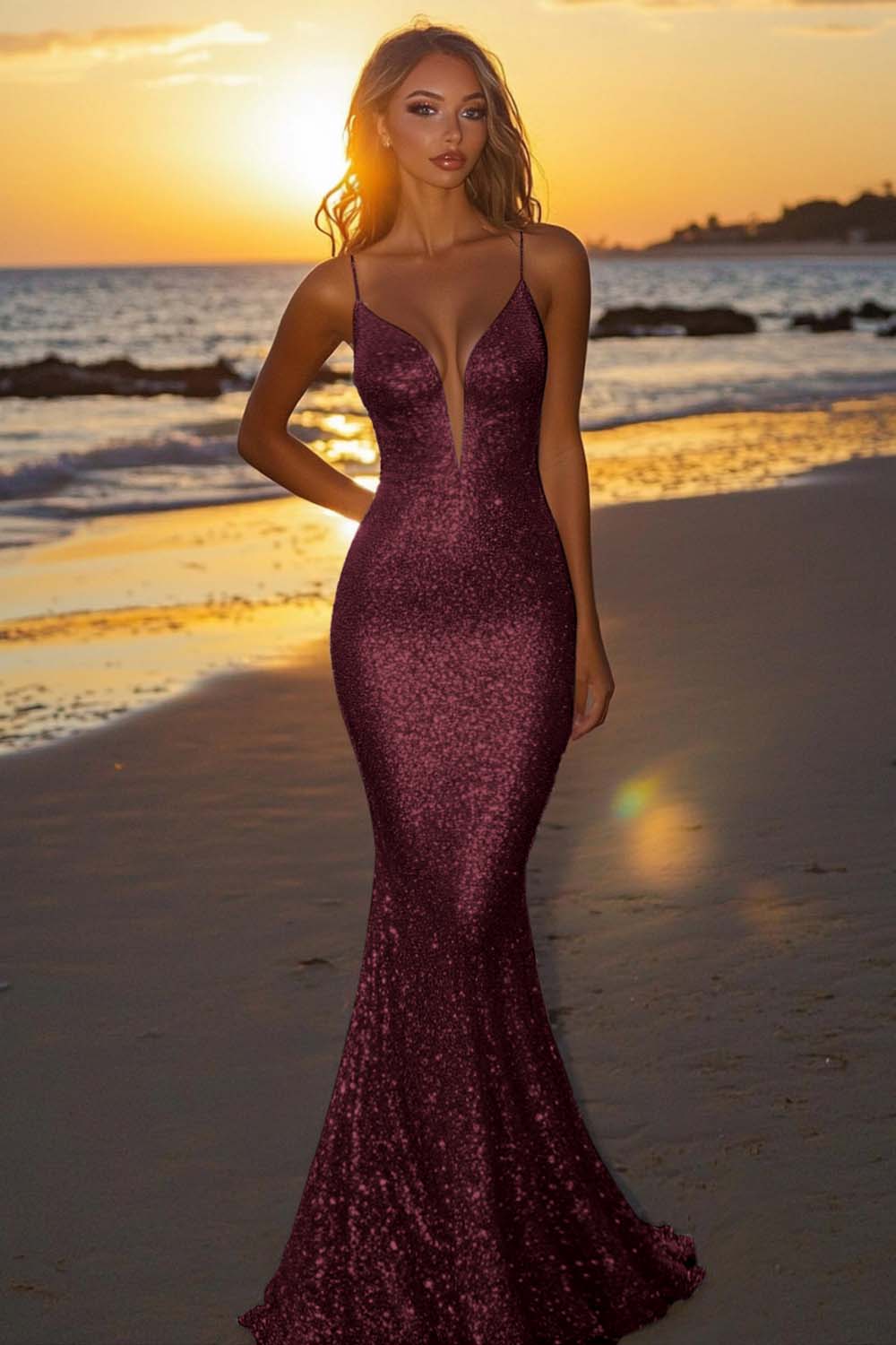 Suzhoufashion Silver Glitter Mermaid Backless Long Prom Dress With Deep V Neck Formal Evening Gown