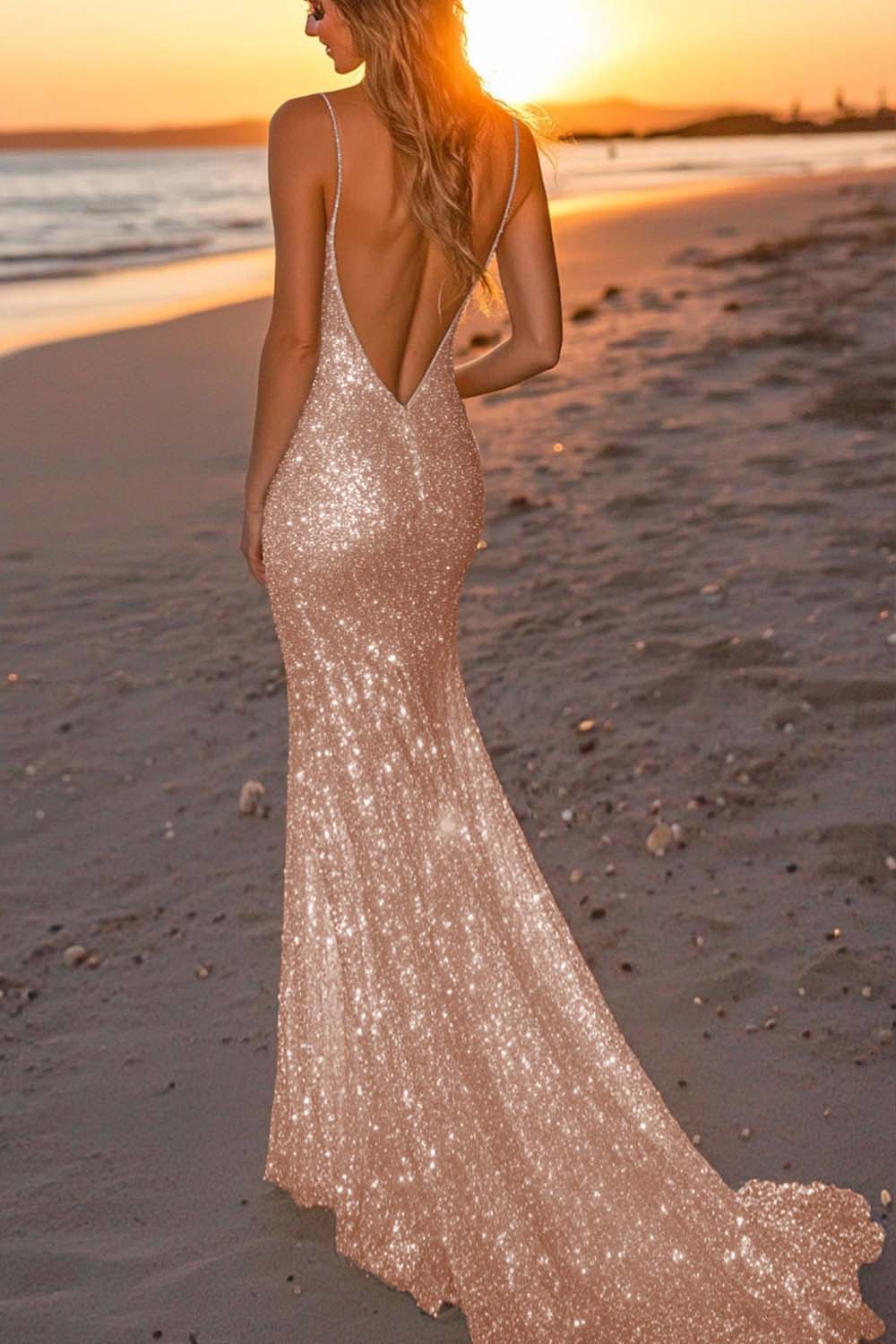 Suzhoufashion Silver Glitter Mermaid Backless Long Prom Dress With Deep V Neck Formal Evening Gown