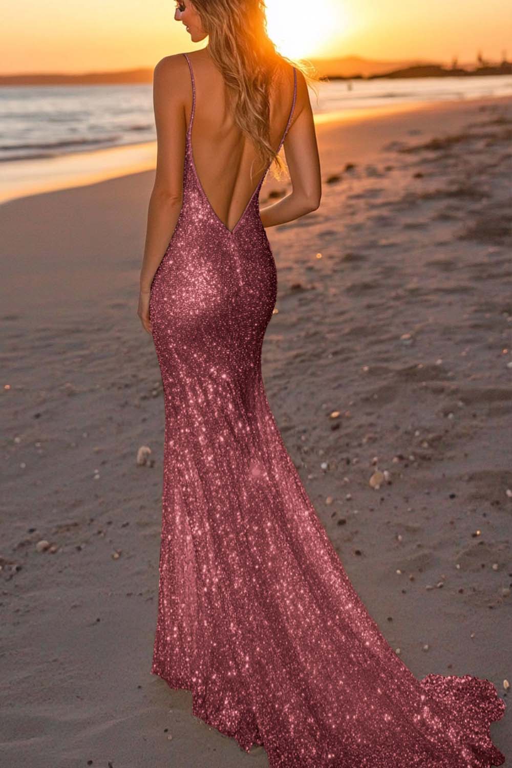 Suzhoufashion Silver Glitter Mermaid Backless Long Prom Dress With Deep V Neck Formal Evening Gown
