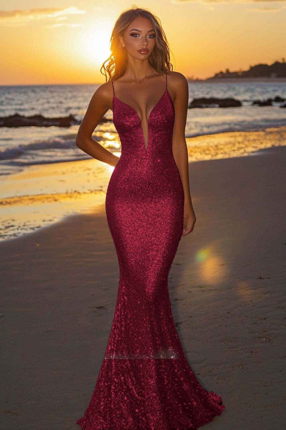 Suzhoufashion Silver Glitter Mermaid Backless Long Prom Dress With Deep V Neck Formal Evening Gown