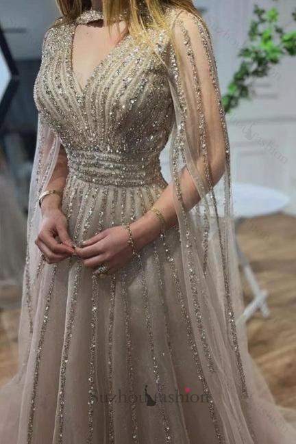 Silver Prom Dress A Line V Neck Beaded Sequined Floor Length Tulle Formal Dress