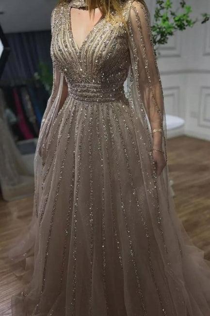 Silver Prom Dress A Line V Neck Beaded Sequined Floor Length Tulle Formal Dress