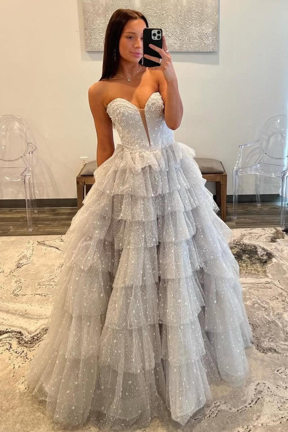 Suzhoufashion Silver Sparkling A-Line Sweetheart Ruffle Layer Prom Ball Gown Formal Evening Gown