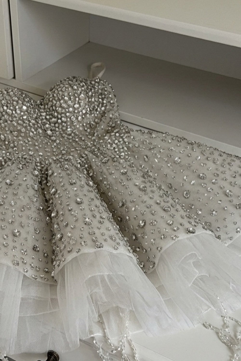 Silver Rhinestone A-Line Corset Homecoming Dress with Tulle Hem Mini Skirt