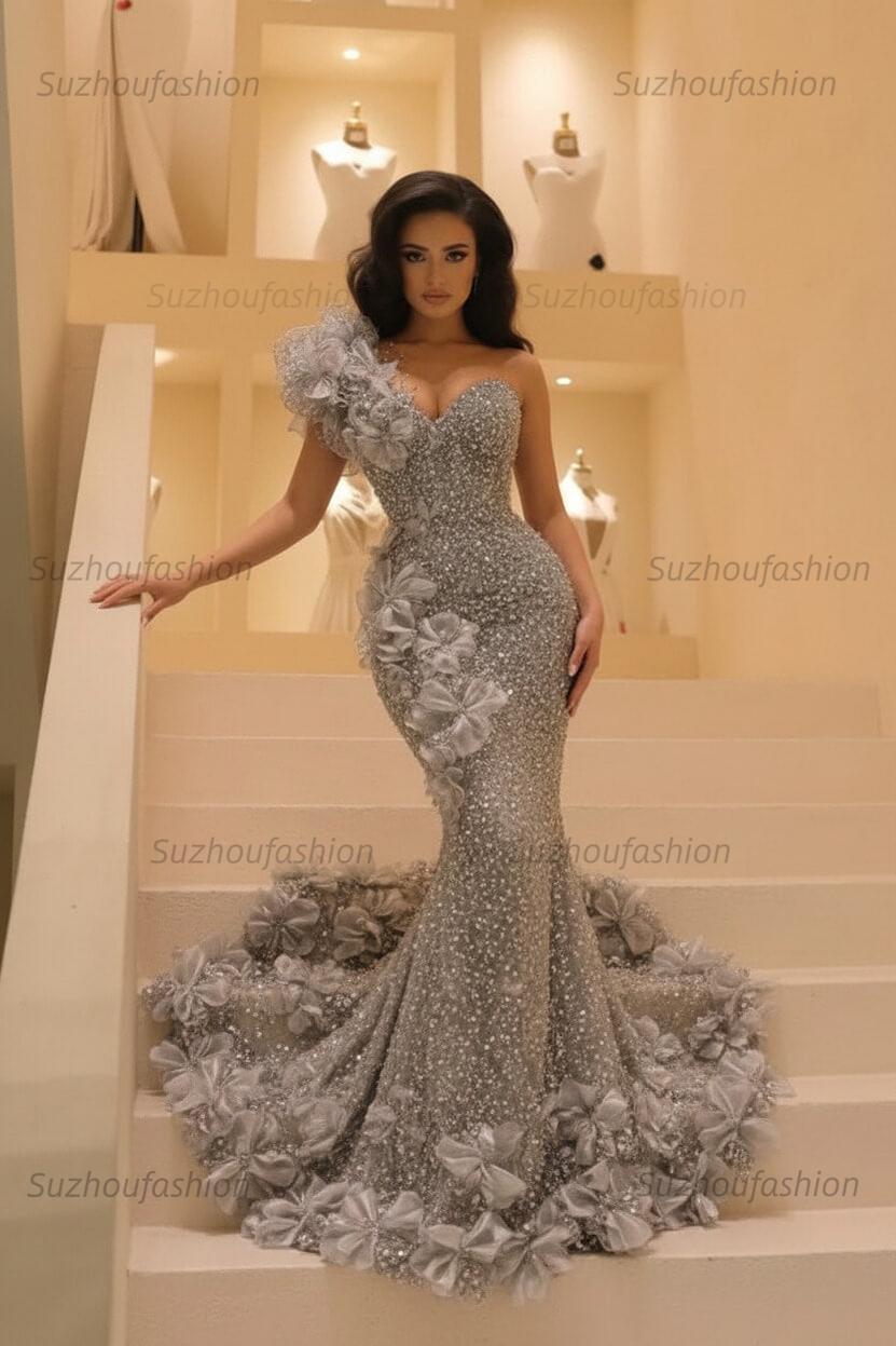 Burgundy One Shoulder Prom Dress Mermaid Sequined Formal Evening Dress with 3D Flowers