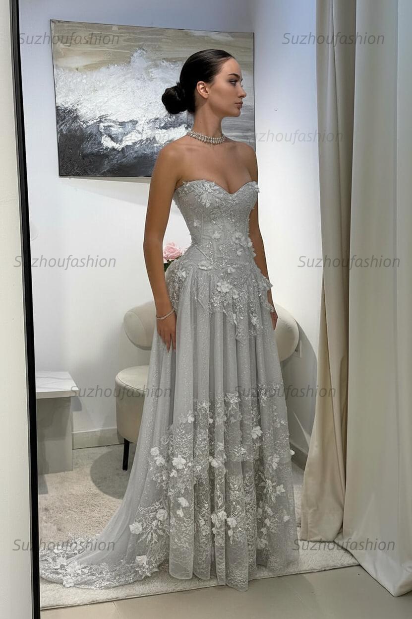 Strapless Sleeveless Long Evening Formal Dress With Pleated Appliques