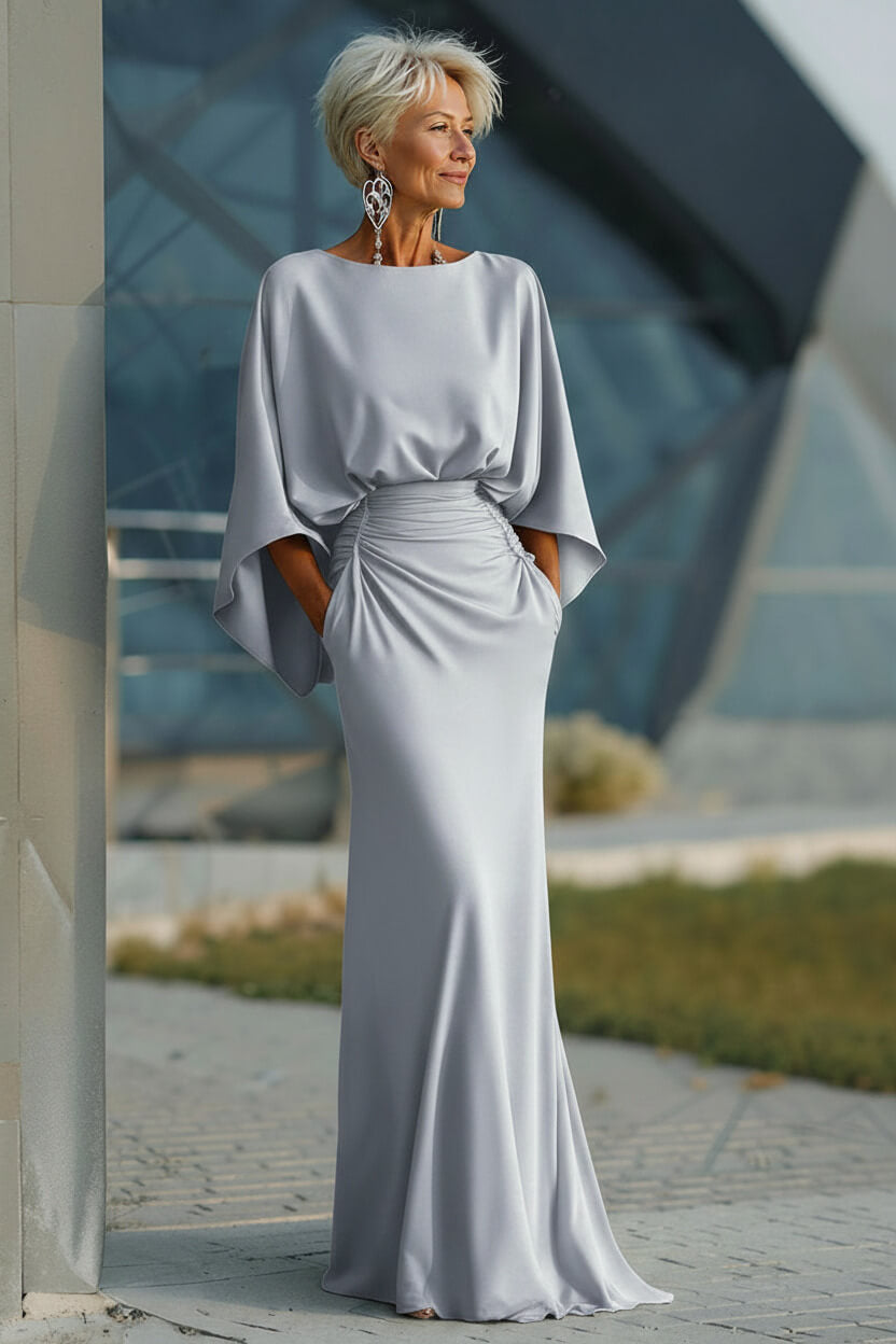 Navy Satin Mermaid Backless Long Mother Of The Bride Dress With Pockets