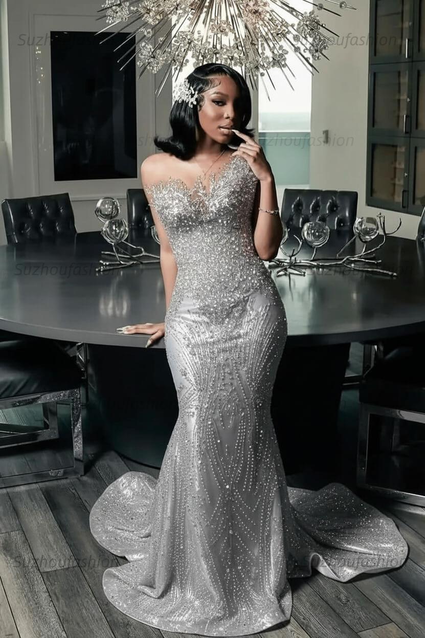 Green Mermaid Prom Dress Sleeveless Formal Evening Dress with Beadings and Rhinestones