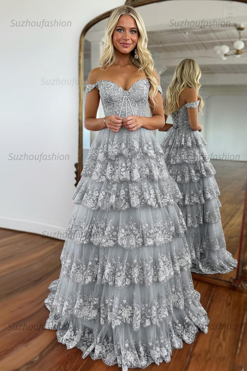 Glitter Hot Pink Corset Off the Shoulder Lace Long Prom Dress