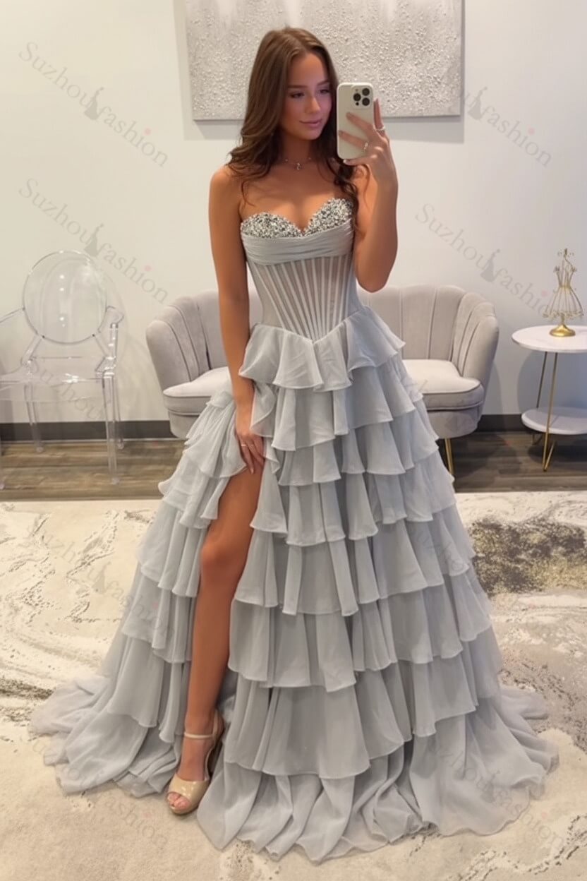 Ruffled Black Prom Dress A Line Corset Long Formal Dress With Beadings