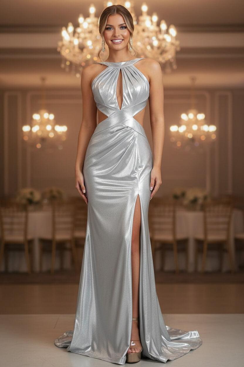 Suzhoufashion Stylish Fuchsia Metallic Mermaid Prom Dress With Slit And Open Back Formal Evening Gown