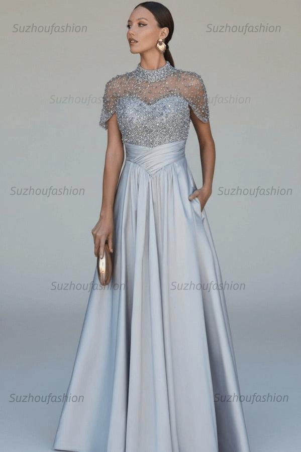 High Neck Short Sleeves Long Evening Formal Dress With Beading Pockets