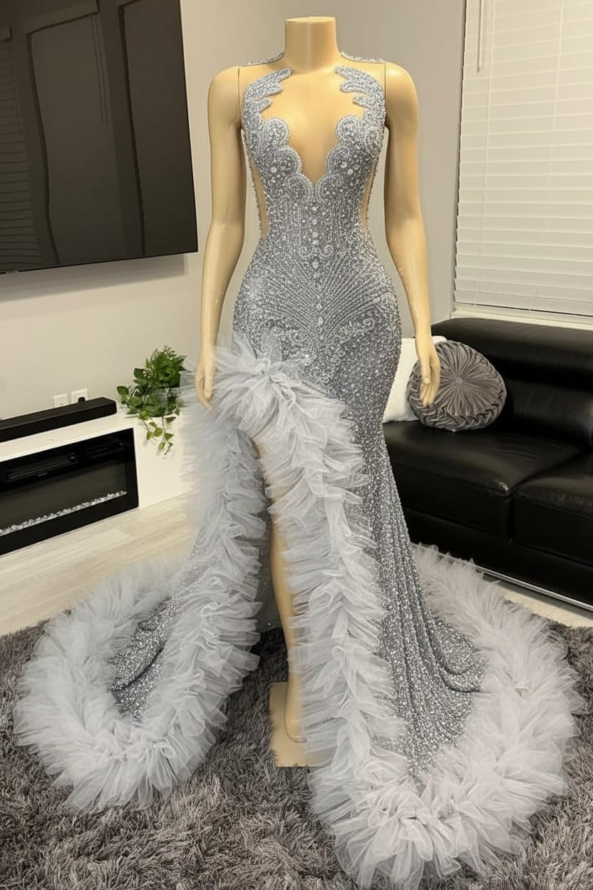 V-neck Prom Dress Orange Beaded Tulle Ruffles Sequin Formal Evening Party Dress