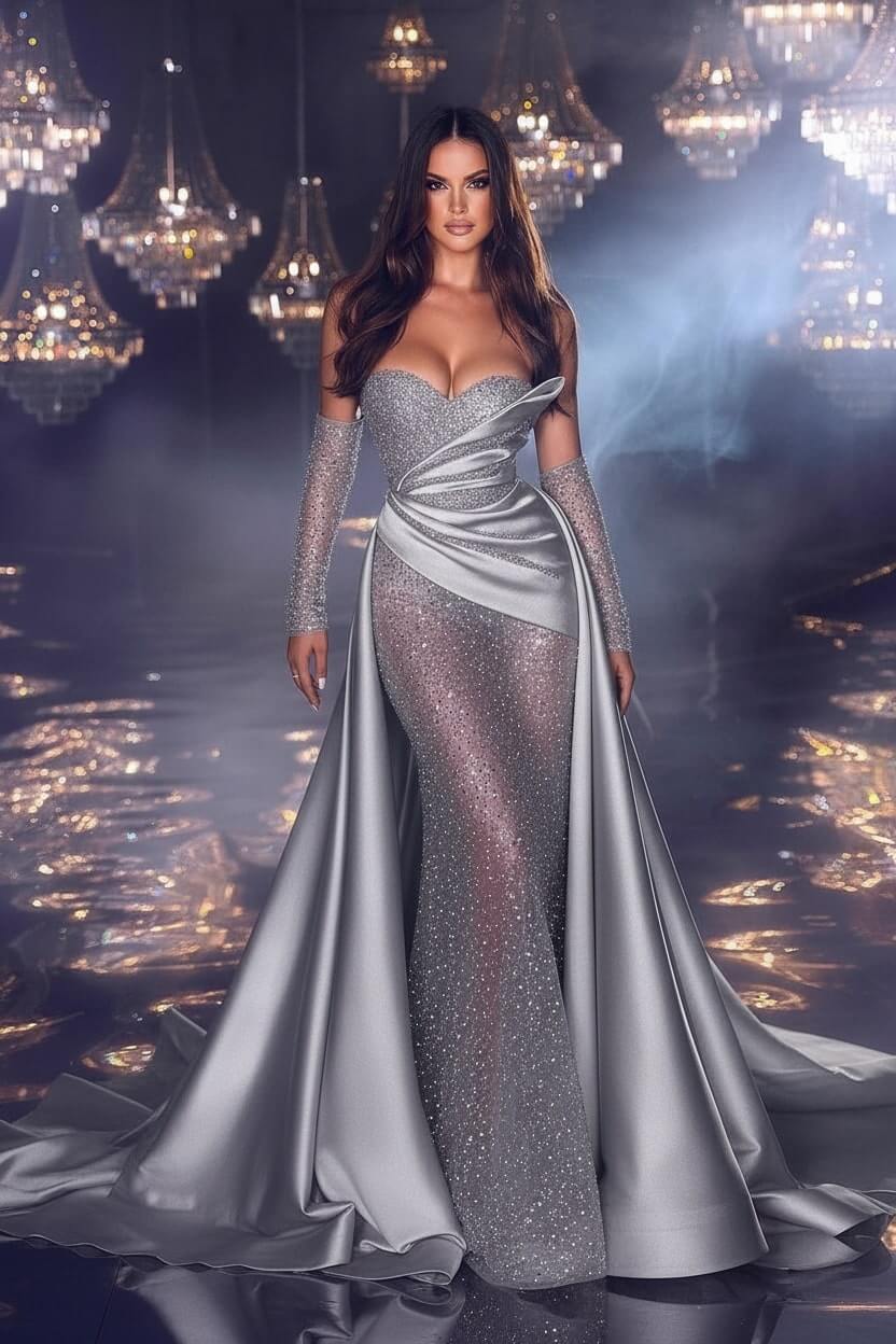 Chic Sweetheart Sleeveless Satin Prom Dresses with Ruffles