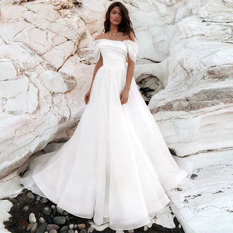 Simple A-Line Bohemian Bridal Dresses Women's Sexy Off Shoulder White Pleated Tulle Beach Formal Prom Party Fashion 2023 Wedding by payinti