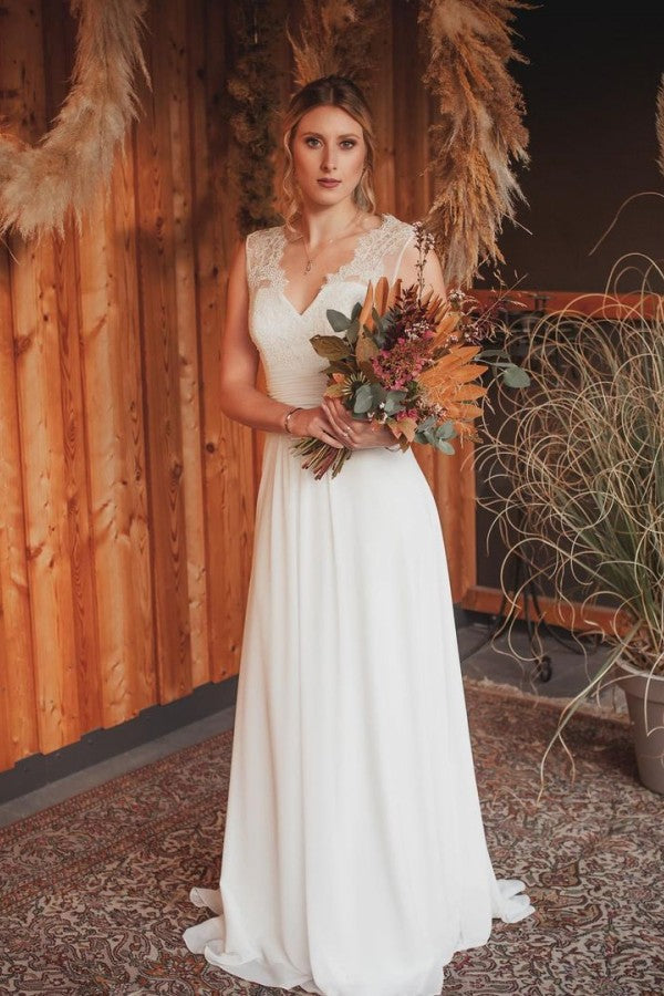Simple A-Line Lace Chiffon Beach Wedding Dress Online