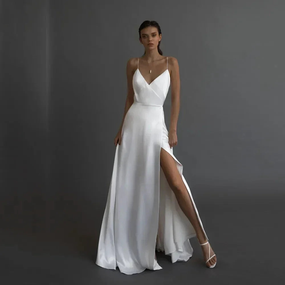 Simple A Line Satin Wedding Dress V Neckline Spaghetti Straps Bridal Gown Sexy High Split Backless Vestido De Novia Custom Made (ZD13507) - VelvetHem