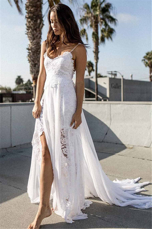 Simple A-line Lace Beach Beach Wedding Dresses | Spaghetti Straps Sexy Bridal Gowns