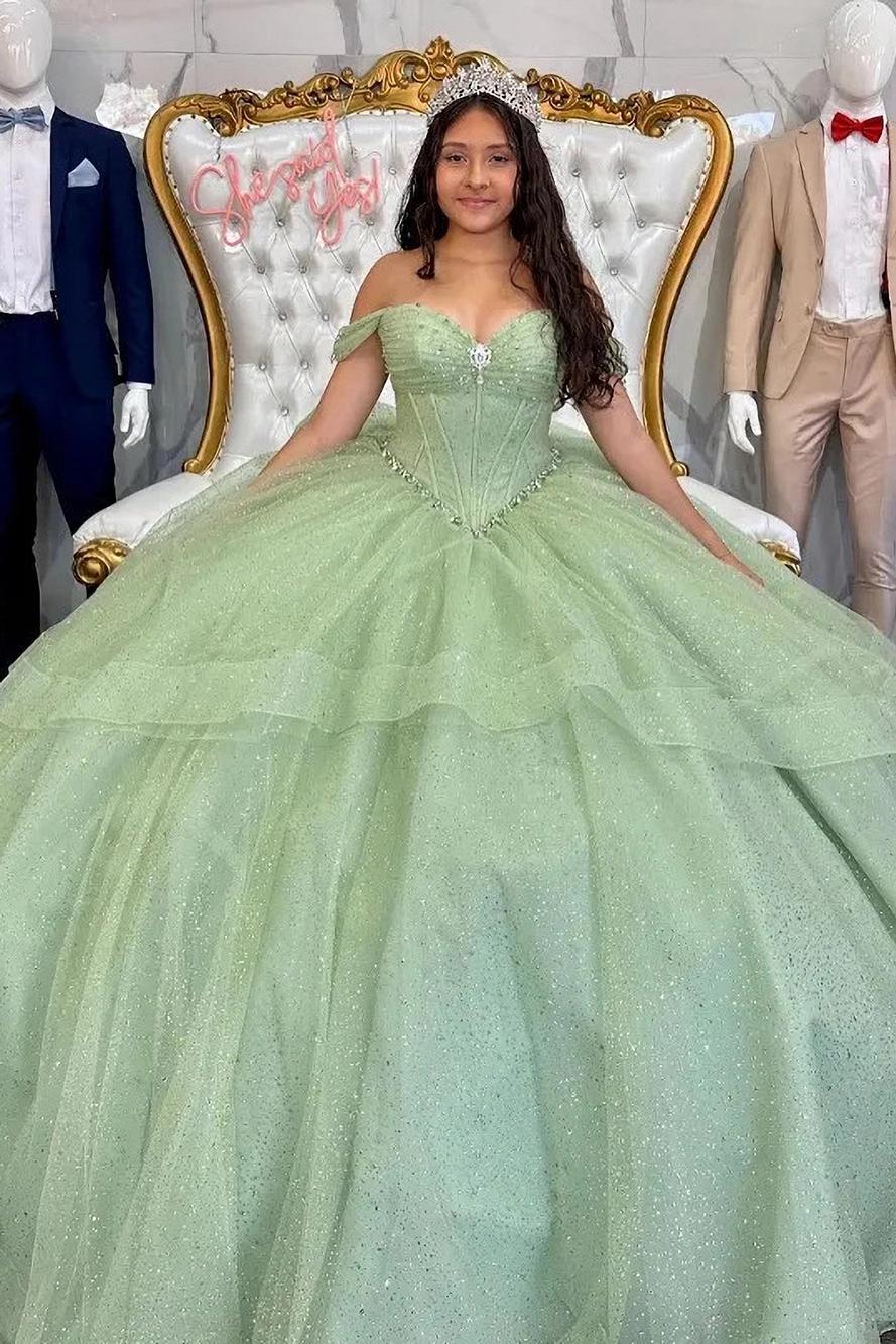 Simple Ball Gown Off Shoulder Sparkly Sequins Beaded Sage Green Tulle Quinceanera Dress For Sweet 16