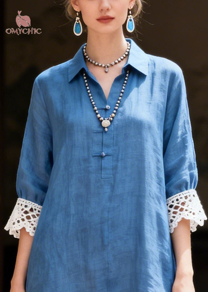 Simple Blue Peter Pan Collar Patchwork Lace Shirt Dresses Summer