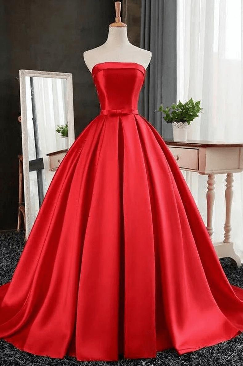 Simple Bows-Sashes Puffy Evening Dresses Red Strapless Prom Dresses