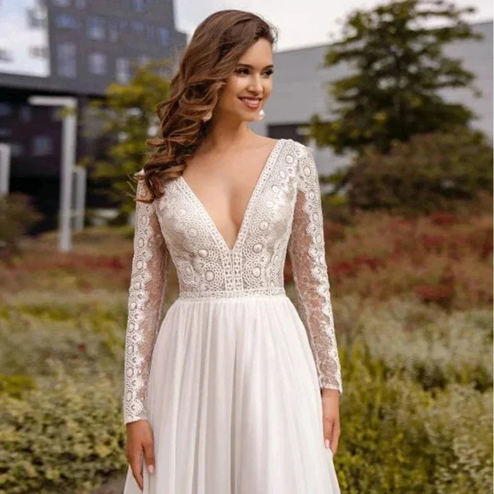 Simple Chiffon Boho Wedding Dresses Deep Sexy V Neck Long Sleeves Flowy Bohemian Bridal Wedding Gowns Backless A Line Robe Maria (ZD14164)