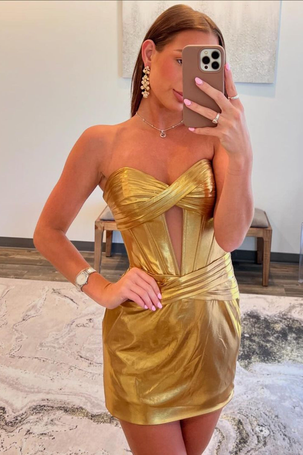Simple Golden Homecoming Dresses Corset Strapless Tight Short Cocktail Dresses