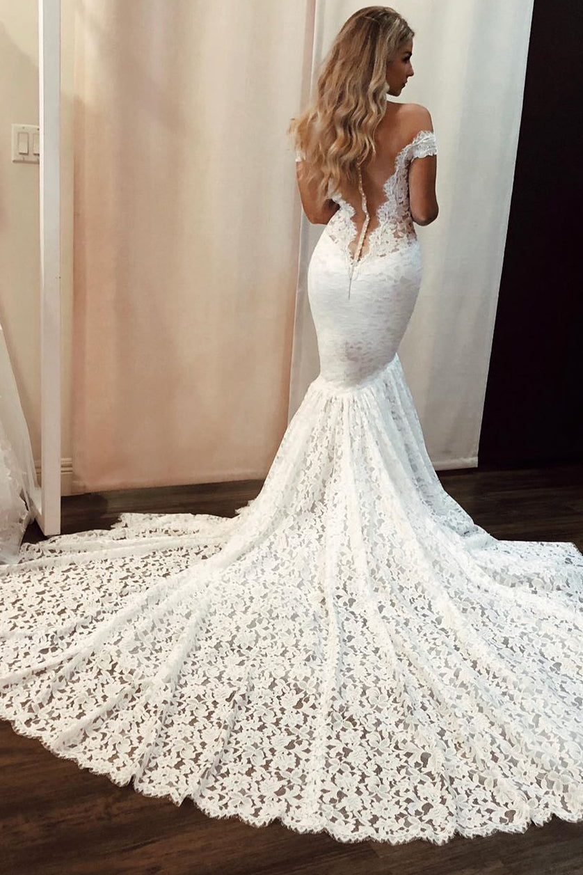 Simple Lace Mermaid Beach Wedding Dresses | Sexy Off-the-Shoulder Bridal Gowns