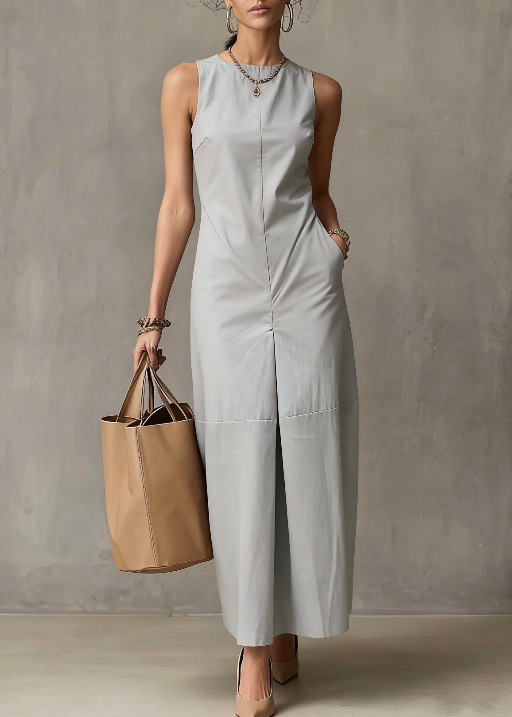 Simple Light Blue Pockets Solid Cotton Long Dresses Sleeveless