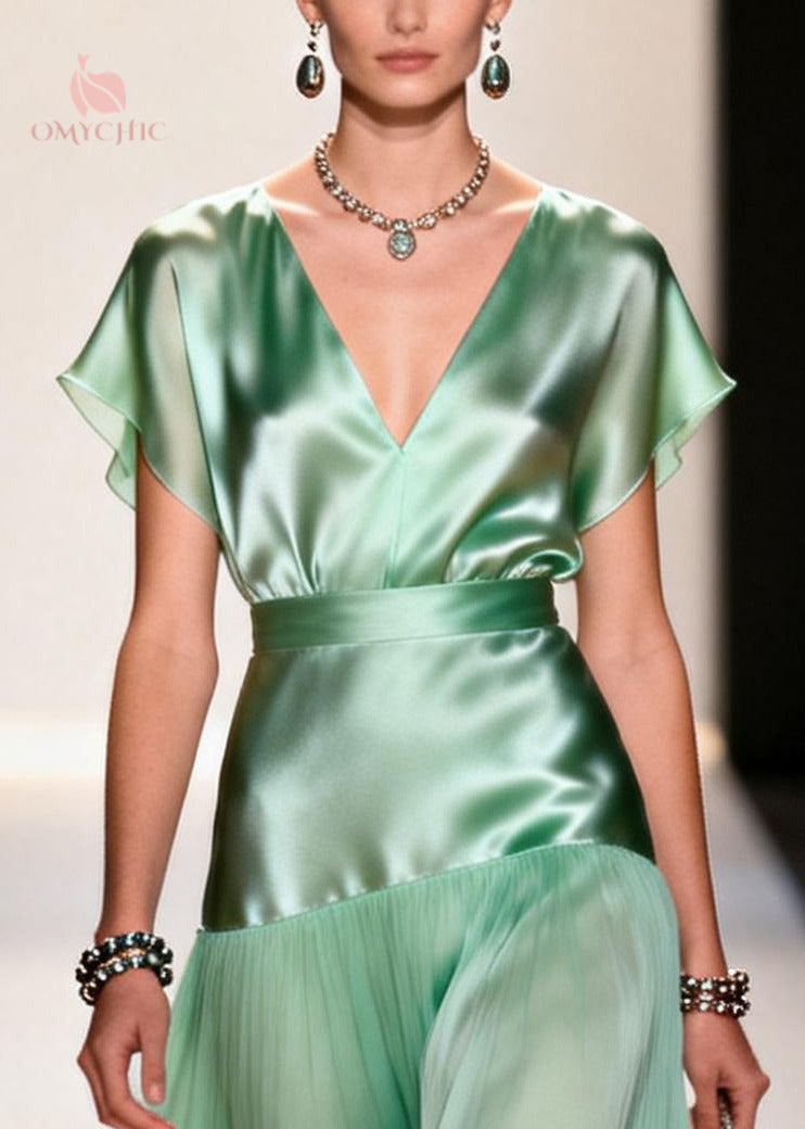 Simple Light Green V Neck Patchwork Chiffon Robe Dresses Summer