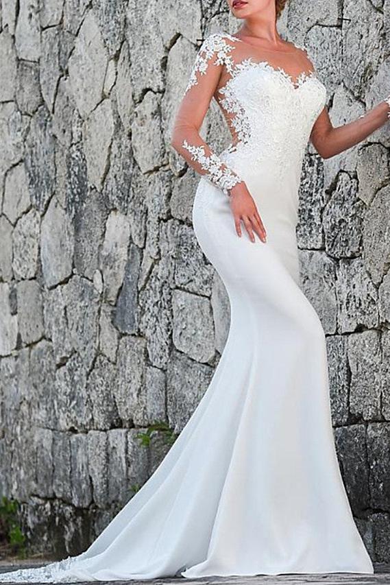 Simple Long Sleeves Tulle Jewel White Mermaid Beach Wedding Dresses