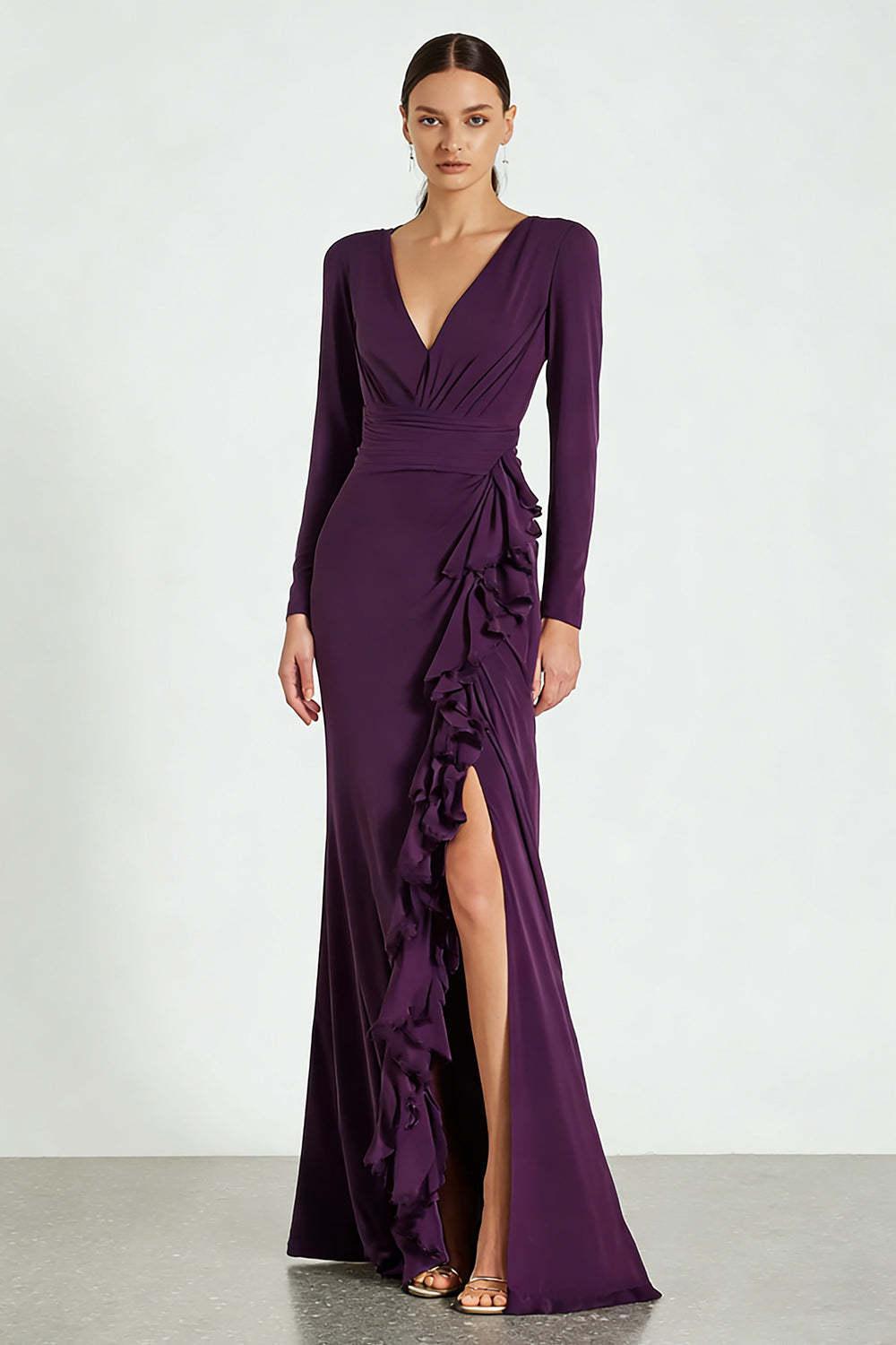 Suzhoufashion Simple Plum Satin V-Neck Long Sleeves Prom Dress With Ruffles