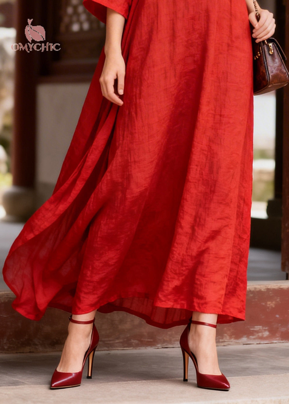 Simple Red Oversized Chinese Button Cotton Party Dress Bracelet Sleeve