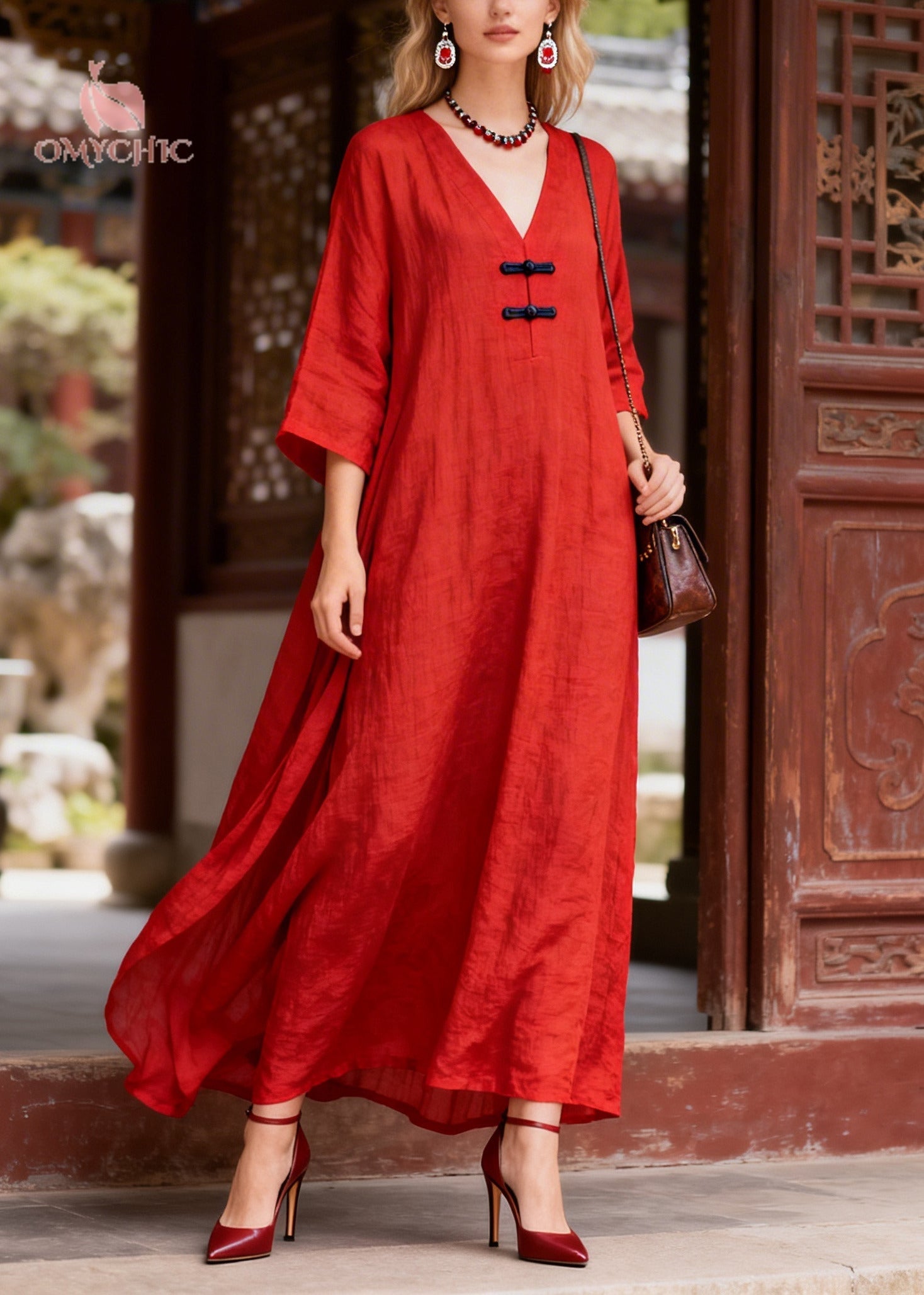 Simple Red Oversized Chinese Button Cotton Party Dress Bracelet Sleeve