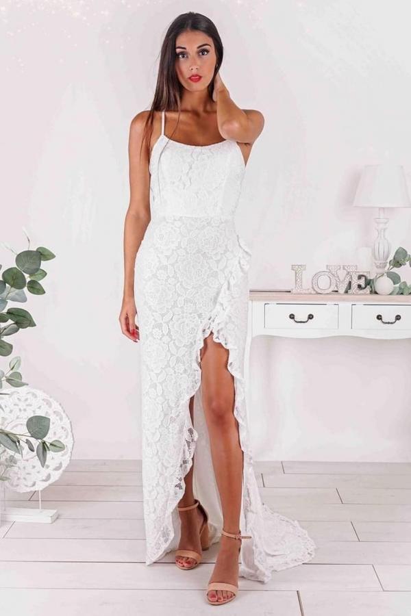 Simple Sleeveless White Satin Front-Split Mermaid Beach Wedding Dresses