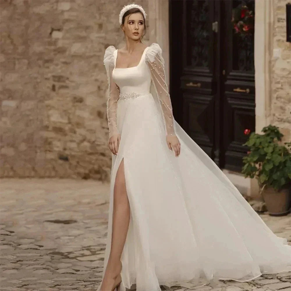 Simple Wedding Dresses A Line Long Illusion Sleeve Fuffy Tulle Ball Gowns Woman's Formal Bride Beach Party Vestidos Para Mujer (ZD14265) - VelvetHem