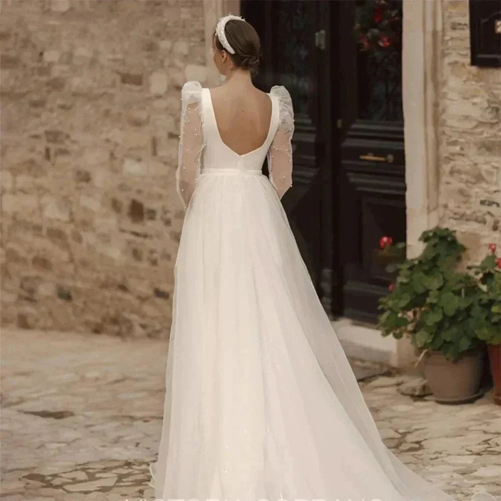 Simple Wedding Dresses A Line Long Illusion Sleeve Fuffy Tulle Ball Gowns Woman's Formal Bride Beach Party Vestidos Para Mujer (ZD14265)