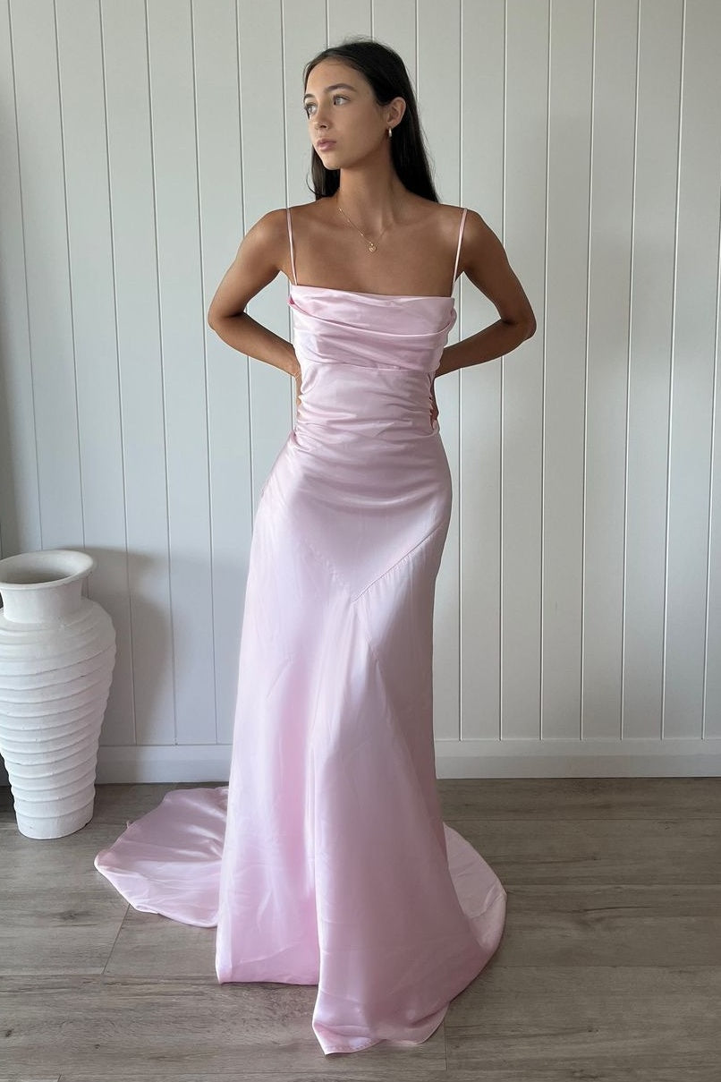 Simple A Line Spaghetti Straps Light Pink Long Prom Dress with Ruched - VelvetHem