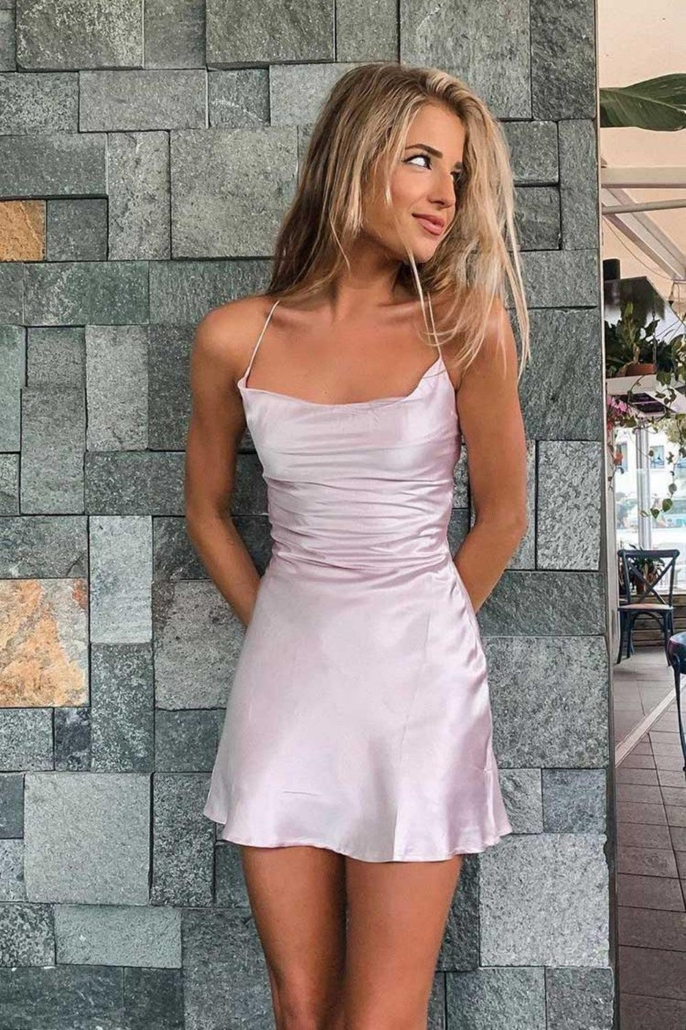 Classic A Line Spaghetti Straps Light Pink Short Homecoming Dress with Criss Cross Back