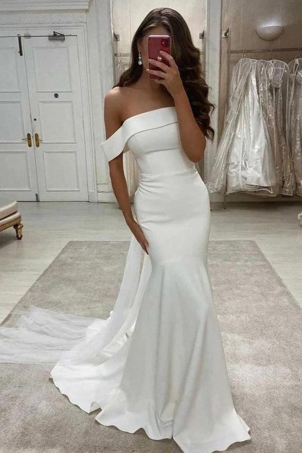Simple Mermaid Off The Shoulder Ivory Satin Wedding Dress (ZD16198)