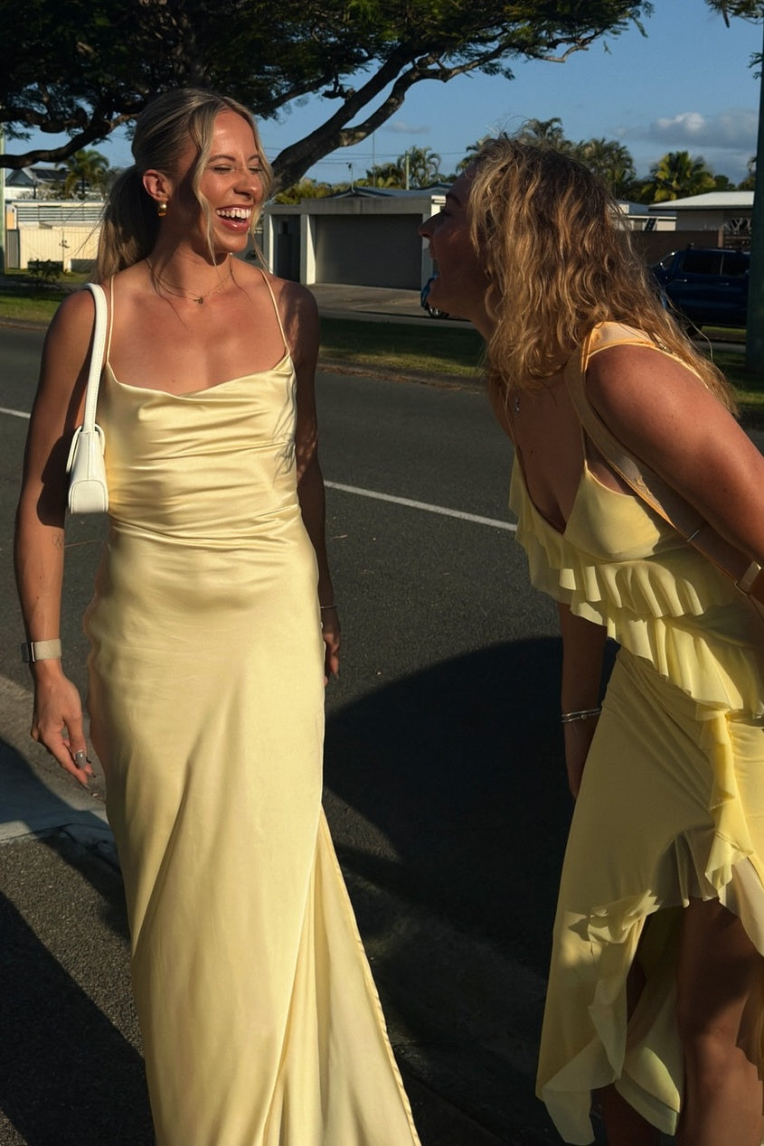 Simple Mermaid Spaghetti Straps Yellow Long Prom Dress with Criss Cross Back