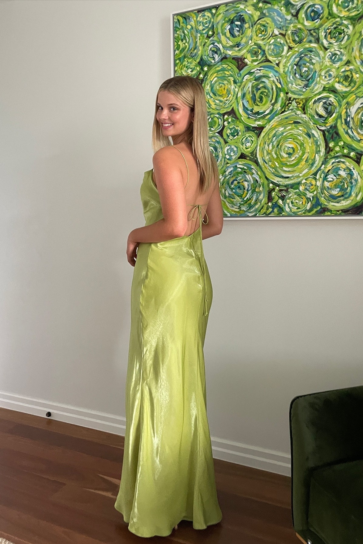 Simple Sheath Spaghetti Straps Light Green Long Party Dress with Backless - View 2 | VelvetHem