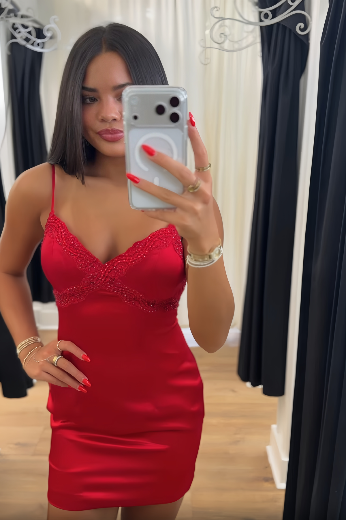 Simple Sheath Spaghetti Straps Red Short Homecoming Dress with Beading