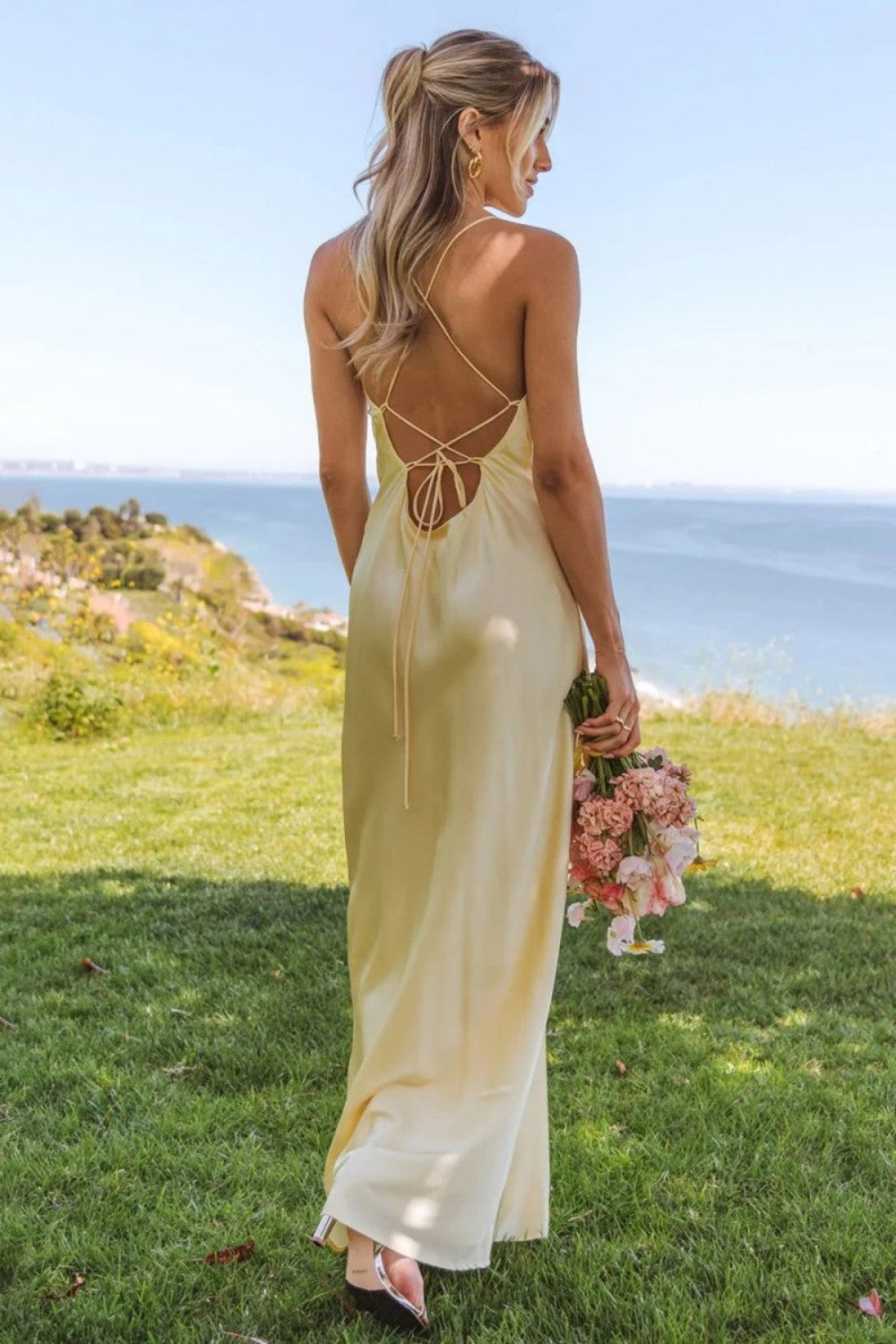 Simple Sheath Spaghetti Straps Yellow Long Prom Dress with Criss Cross Back - View 2 | VelvetHem