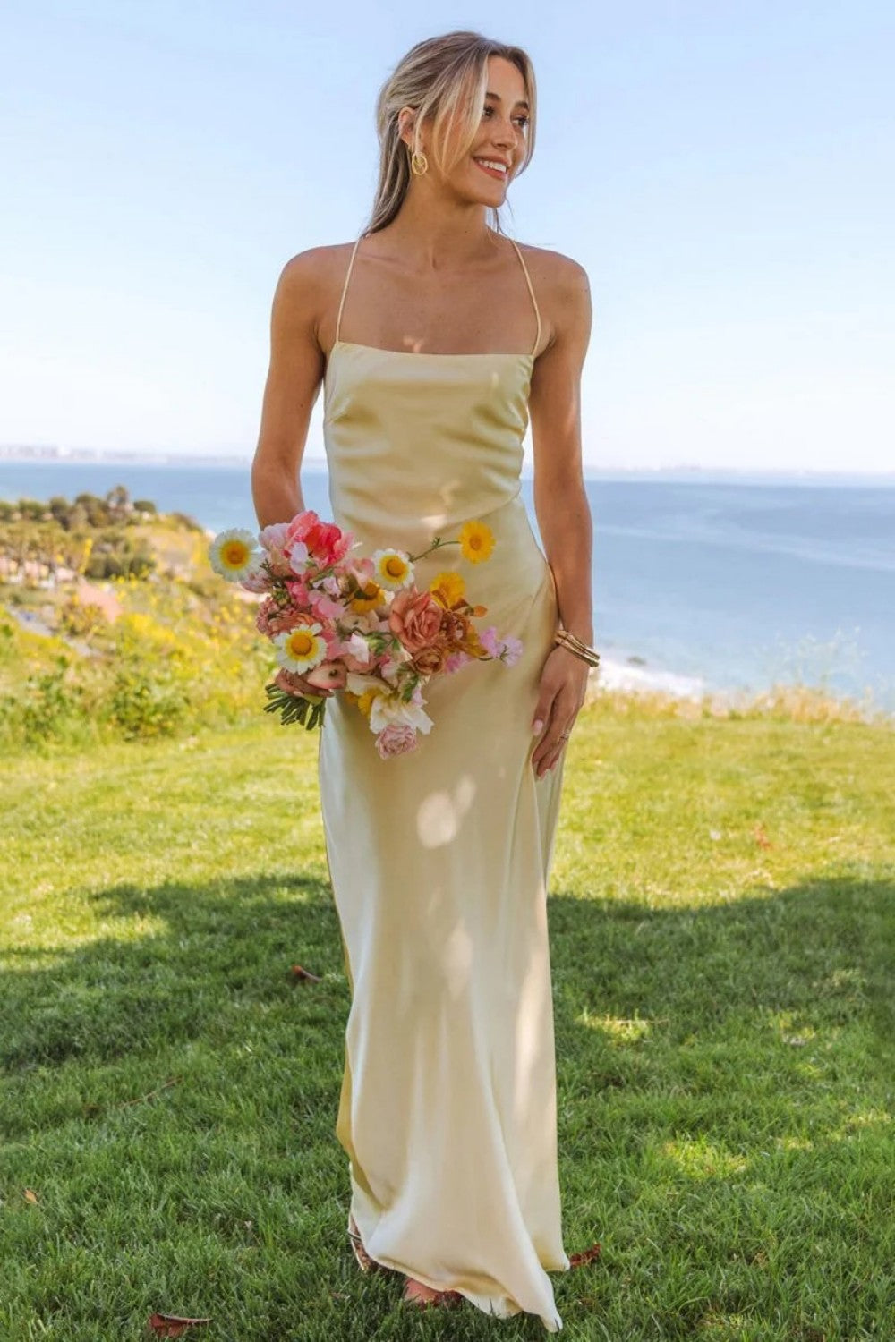 Simple Sheath Spaghetti Straps Yellow Long Prom Dress with Criss Cross Back - VelvetHem