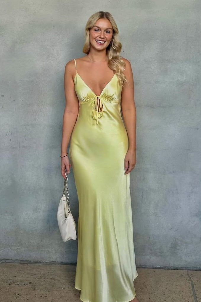 Simple Sheath Spaghetti Straps Yellow Satin Long Prom Dress with Keyhole - VelvetHem