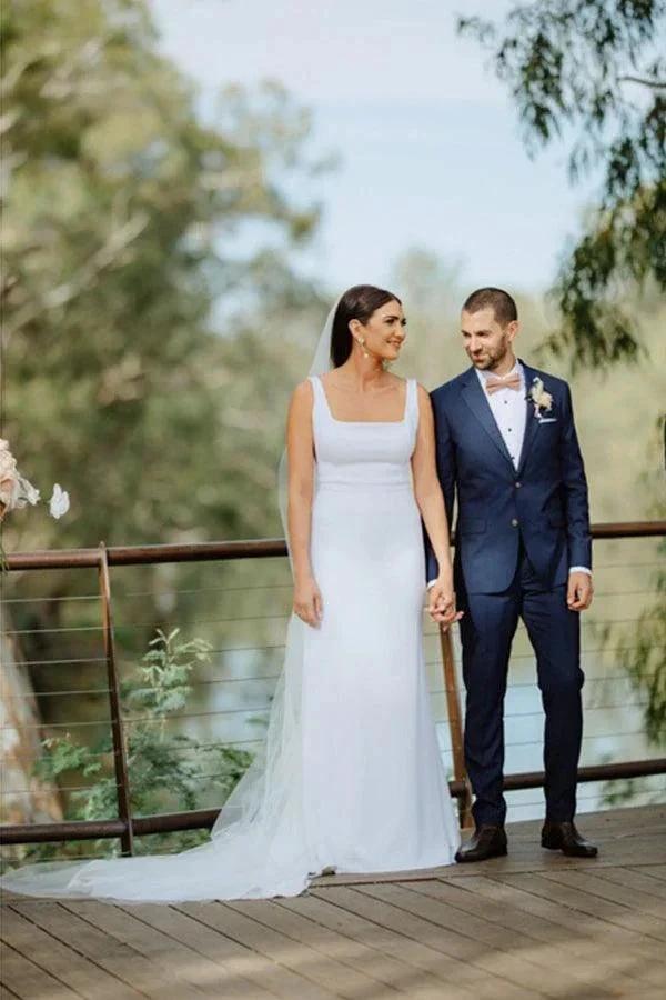 Simple Sheath Square Neck Long Backless Wedding Dress WD599 by pgmdress