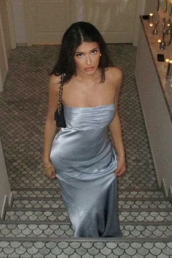 Simple Sheath Strapless Grey Satin Long Prom Dress with Ruched - View 3 | VelvetHem
