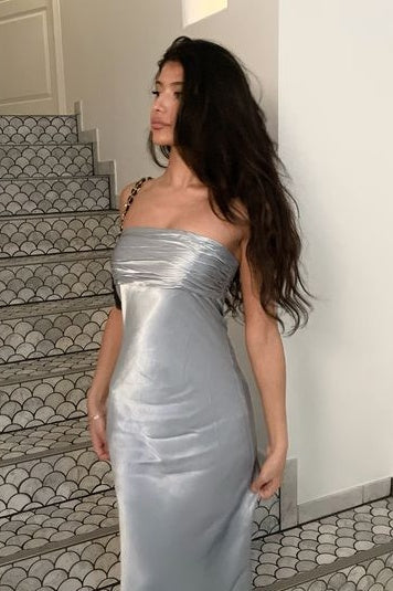 Simple Sheath Strapless Grey Satin Long Prom Dress with Ruched - View 4 | VelvetHem